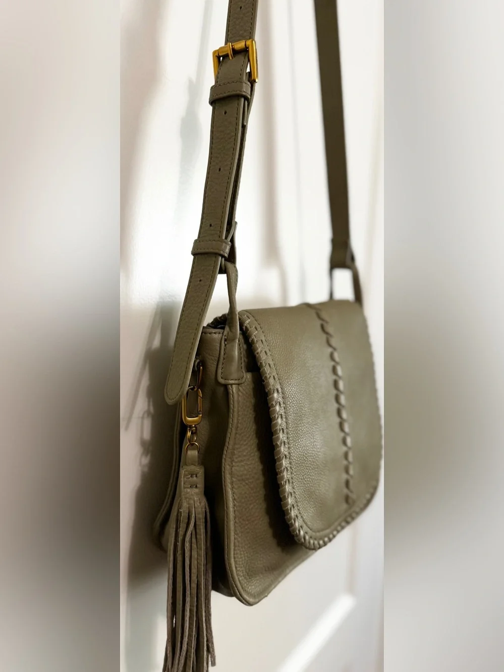 HOBO Brio Olive Leather Whipstitched Tassel Crossbody Bag